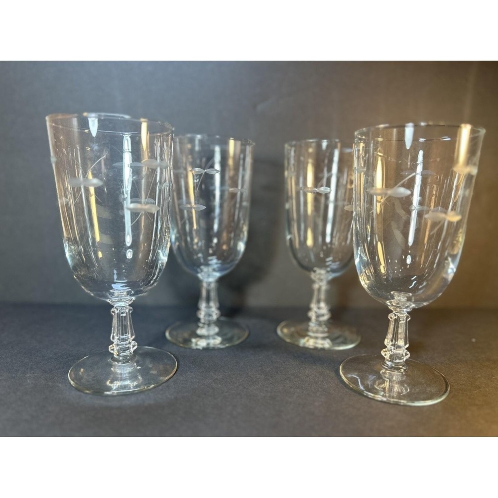 4 - VTG Libbey StemWare Goblets Etched Cut Hand Blown 1950's Footed Beverage